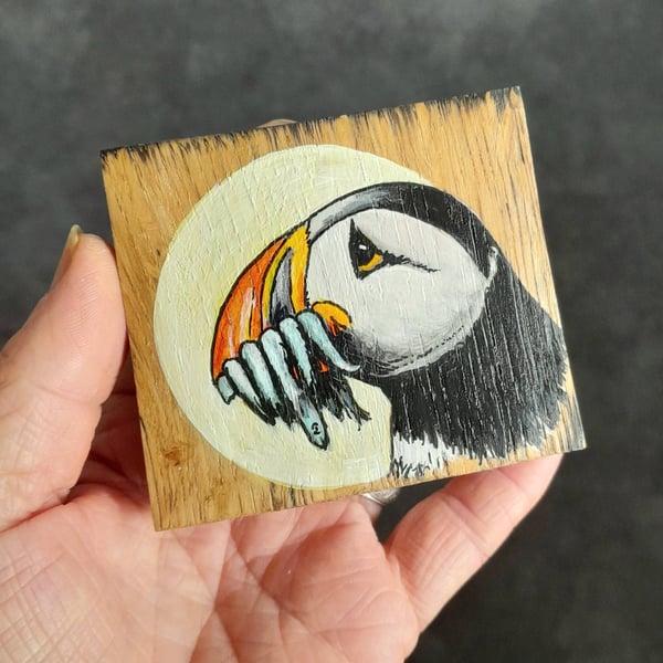 Hand Painted Reclaimed Mini Whisky Barrel Stave - Puffin