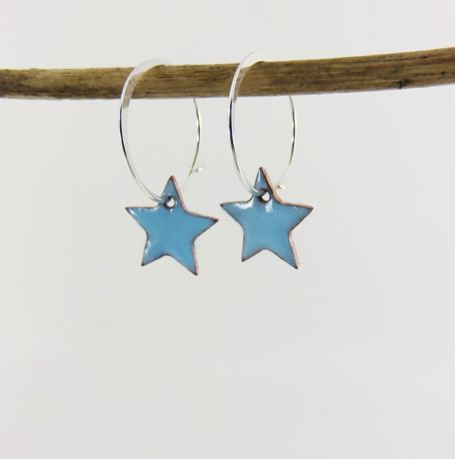 Silver Hoops with Enamelled Copper Stars