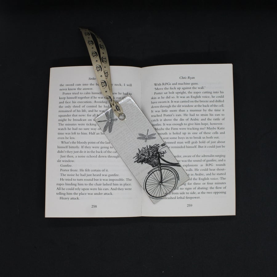 Handcrafted, decoupage, bicycle and dragonfly themed, wooden, bookmark