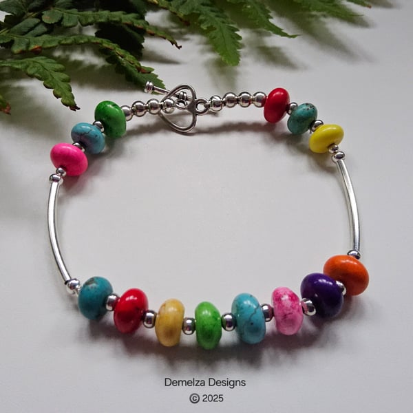 Multicoloured Howlite Bangle - Bracelet Silver Plated (MEDUIM)