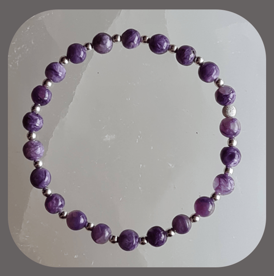Natural Charoite and sterling silver bracelet