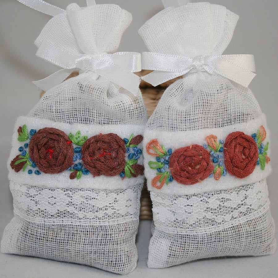 Embroidered Lavender Bags - Russet Roses