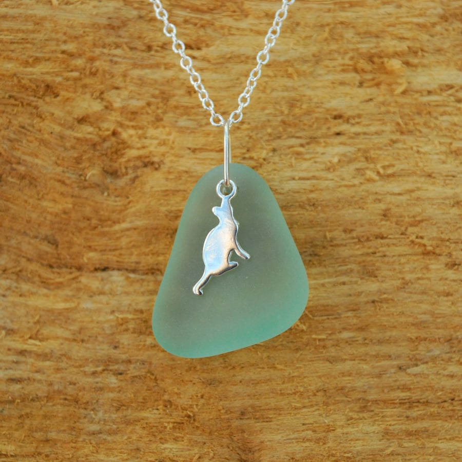 Beach glass pendant with silver cat charm
