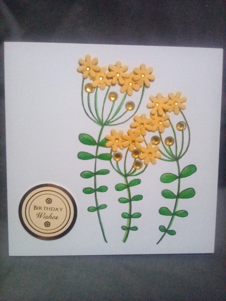 Yellow handmade paper flower and watercolour Birthday card