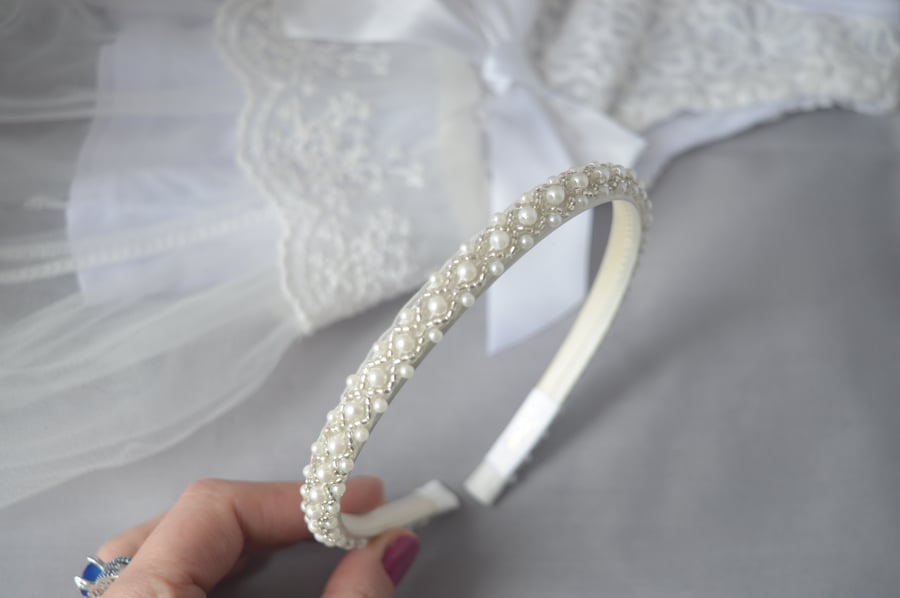 Aliceband for first holly communion baptism beaded lace flower girl hair band