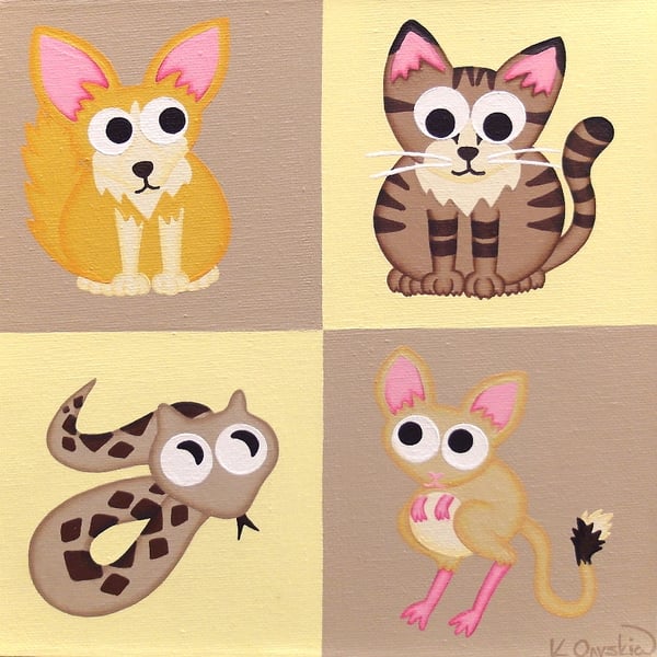 Desert Animals Nursery Art - acrylic painting of cute cartoon creatures