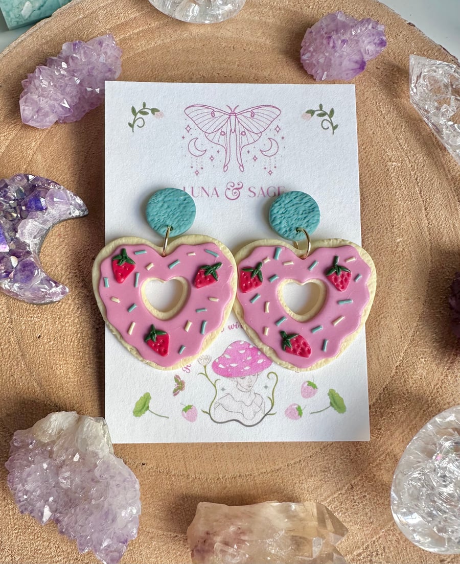 Handmade Cute Strawberry Heart Iced Biscuit doughnut Polymer Clay Earrings