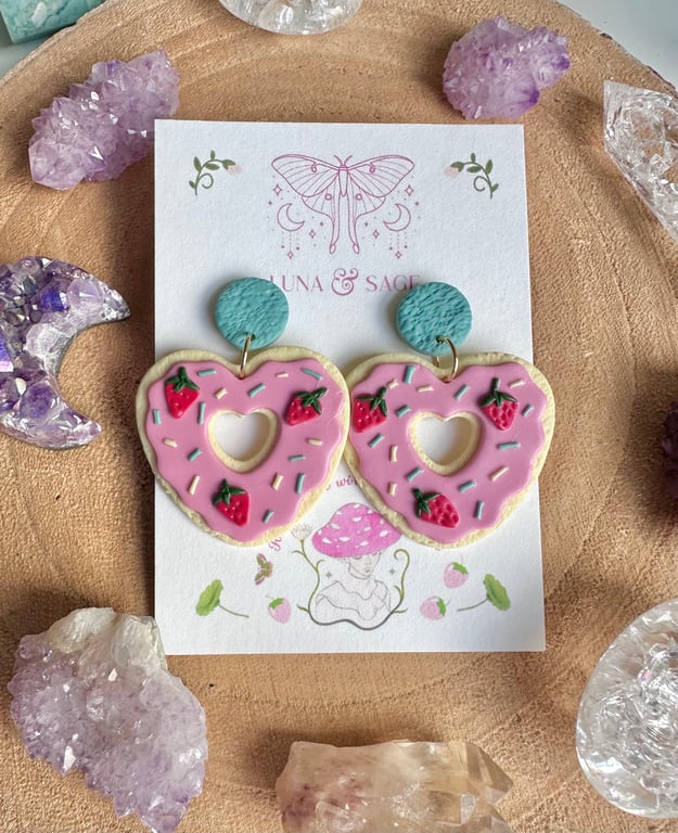 Handmade Cute Strawberry Heart Iced Biscuit doughnut Polymer Clay Earrings