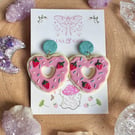 Handmade Cute Strawberry Heart Iced Biscuit doughnut Polymer Clay Earrings