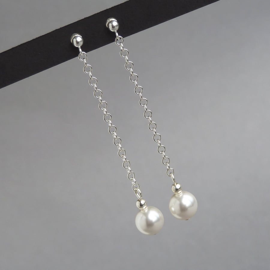 Long Chain Drop Earrings - White Glass Pearl Bridal Jewellery - Wedding Gift