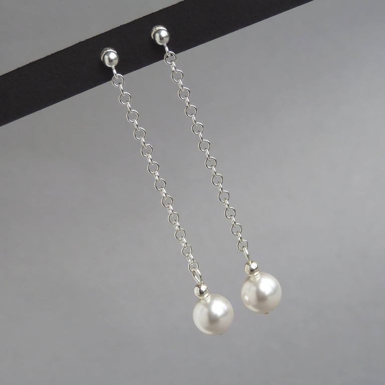 Long Chain Drop Earrings - White Glass Pearl Bridal Jewellery - Wedding Gift