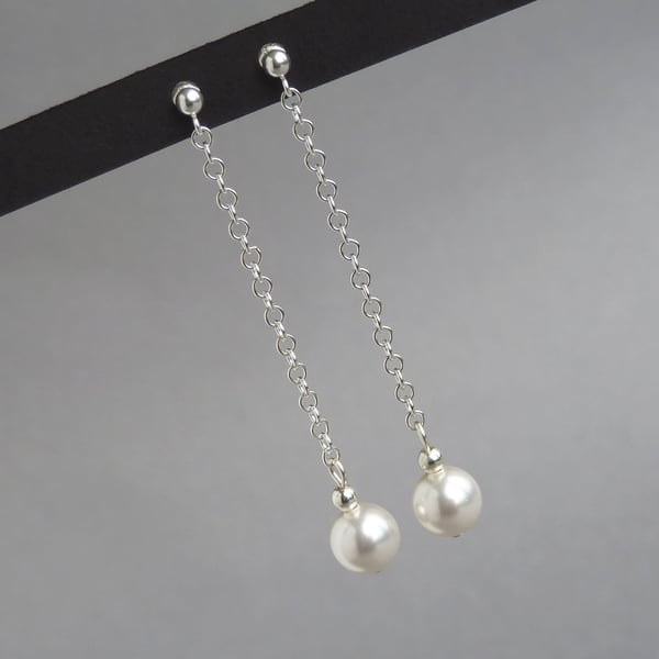 Long Chain Drop Earrings - White Swarovski Pearl Bridal Jewellery - Wedding Gift