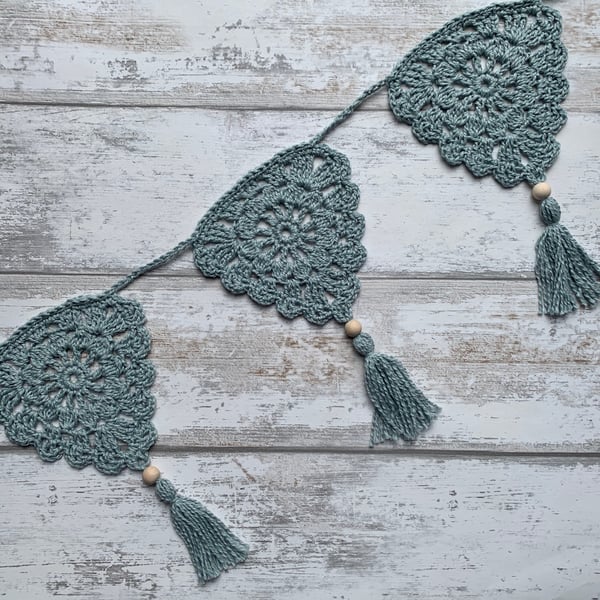 Handmade crochet boho vintage bunting in glacier blue green cotton and silk yarn