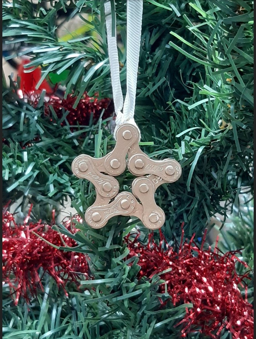 Reclaimed bike chain Christmas tree stars decorations