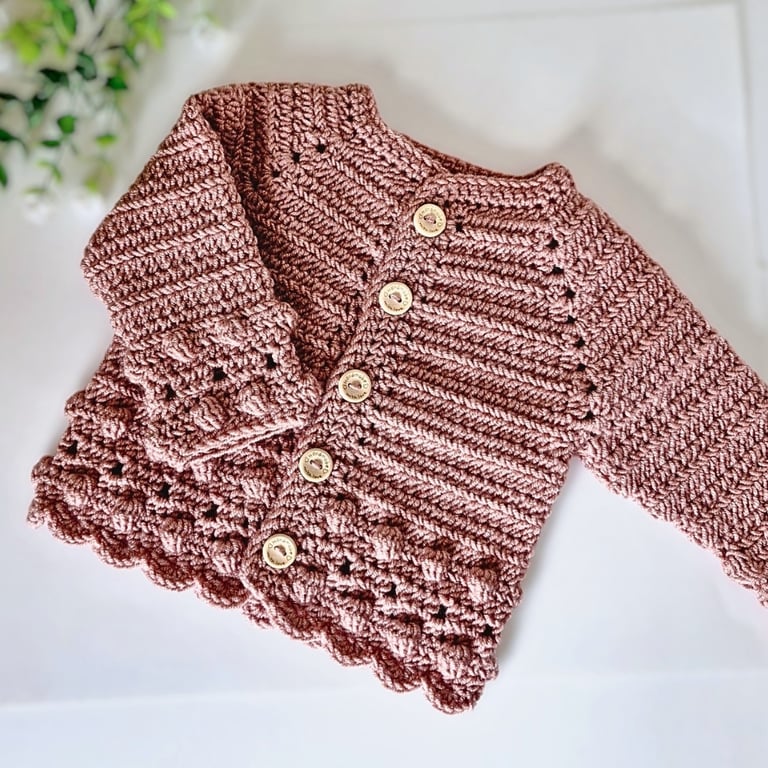 Dusky Pink Crochet Baby Cardigan – 0-3 Months – Handmade Gift 