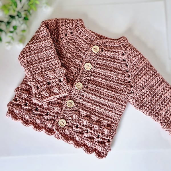 Dusky Pink Crochet Baby Cardigan – 0-3 Months – Handmade Gift 