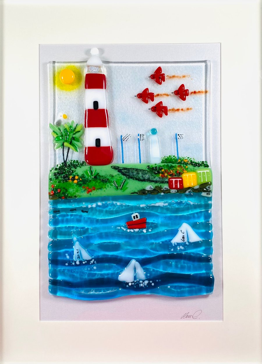 Red arrows on Plymouth hoe , fused glass art