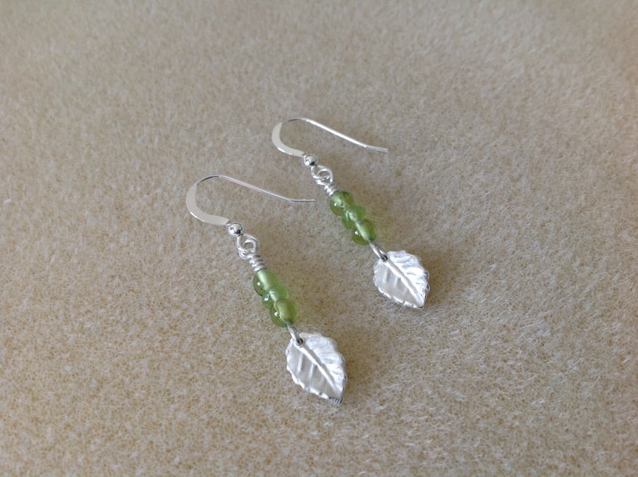Green Peridot Gemstone Fine and Sterling silver leaf drop earrings