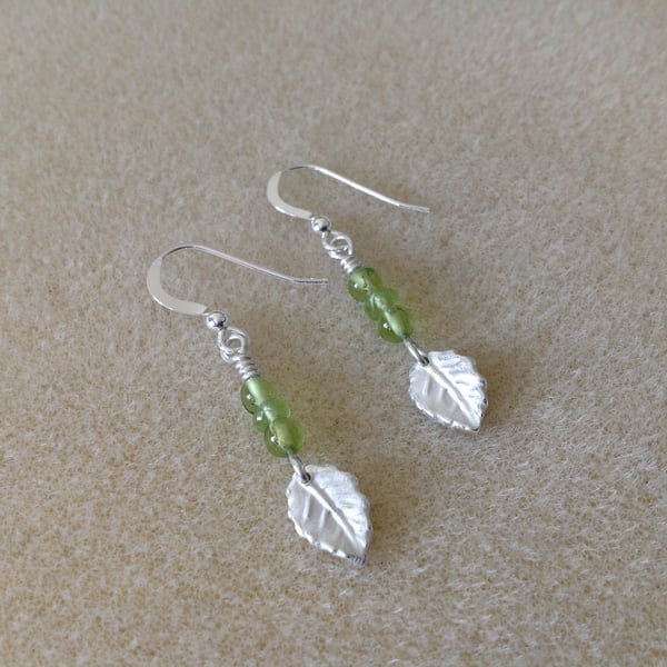 Green Peridot Gemstone Fine and Sterling silver leaf drop earrings