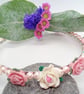 Pink and White Rose Head Band with Pink Pearl Beads, Floral Headband - Image 3