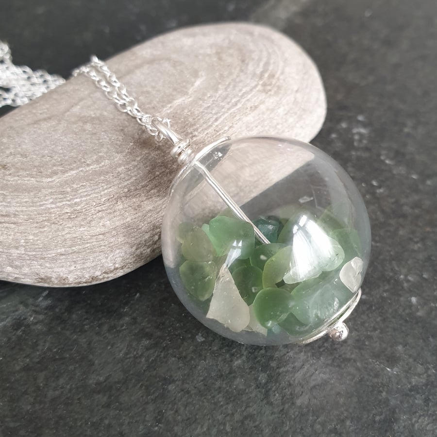 Sterling silver and green sea glass pendant, Glass globe necklace