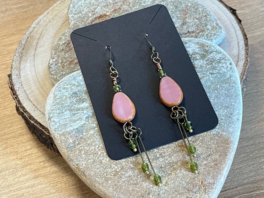 Bohemian teardrop earrings in rose pink and emerald green