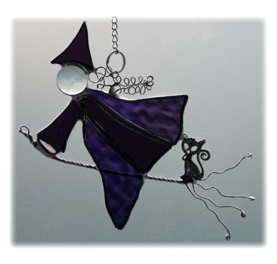  Witch on Broomstick Suncatcher Stained Glass 036 Purple