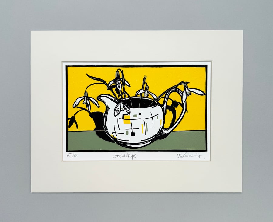 Snowdrops- Handprinted Original Linocut- Limited Edition
