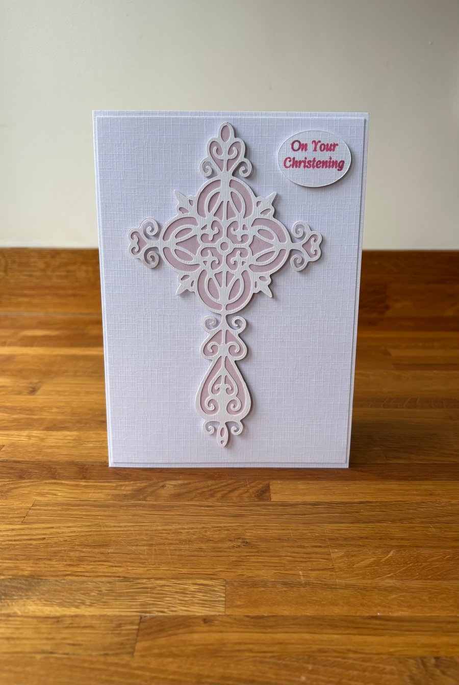 Baby Girl Christening Card Demure Cross Personalised.