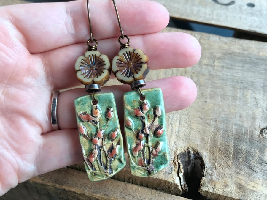 Artisan Ceramic Floral Earrings. Rustic Flower Earring. Nature Inspired Earrings
