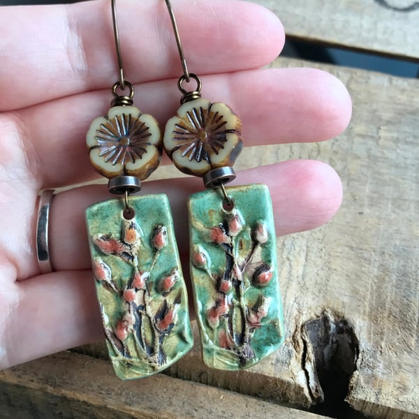 Artisan Ceramic Floral Earrings. Rustic Flower Earring. Nature Inspired Earrings