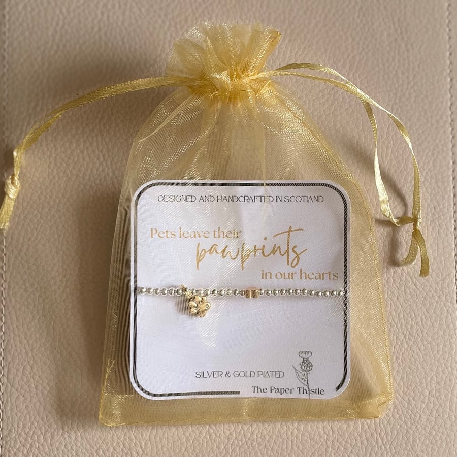 Pets and Pawprints -  Stretch Beaded Bracelet with gold plated charm