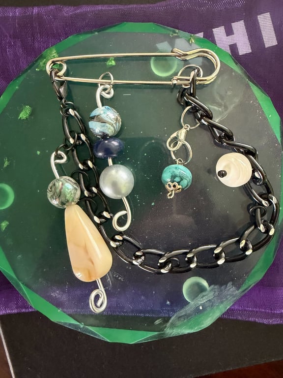 Unique pin brooch. Stylish, edgy, blue.