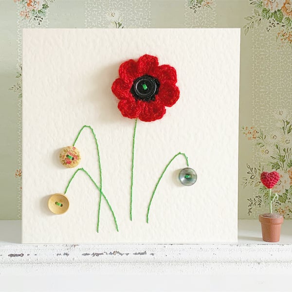 Poppy Card. Hand Sewn Card. Crocheted Flower Card. Flowers. Gardening Card.
