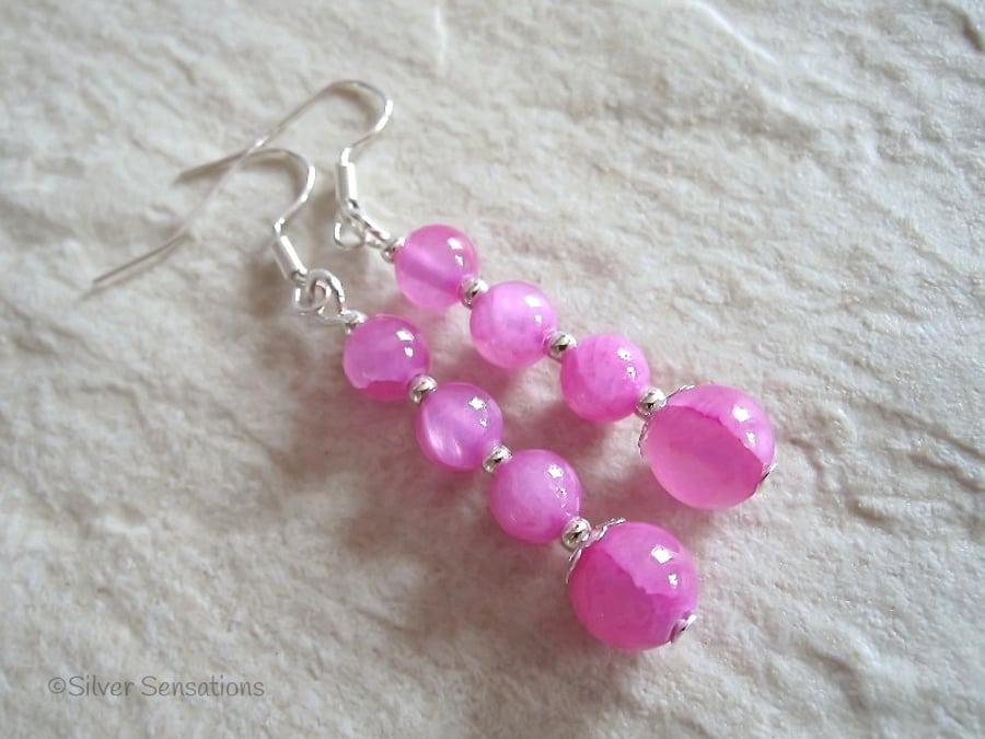 Fuchsia Pink Jade & Silver Plated Fashion Dangly Earrings