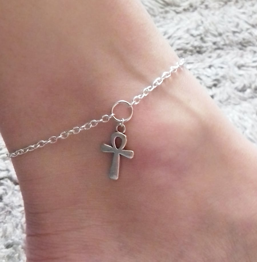 Ankh Cross Crux Anklet Ankle Bracelet Silver Plate 