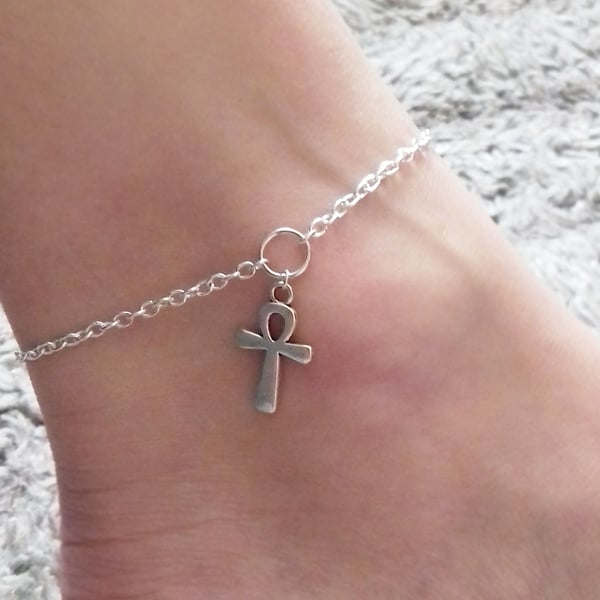 Ankh Cross Crux Anklet Ankle Bracelet Silver Plate 