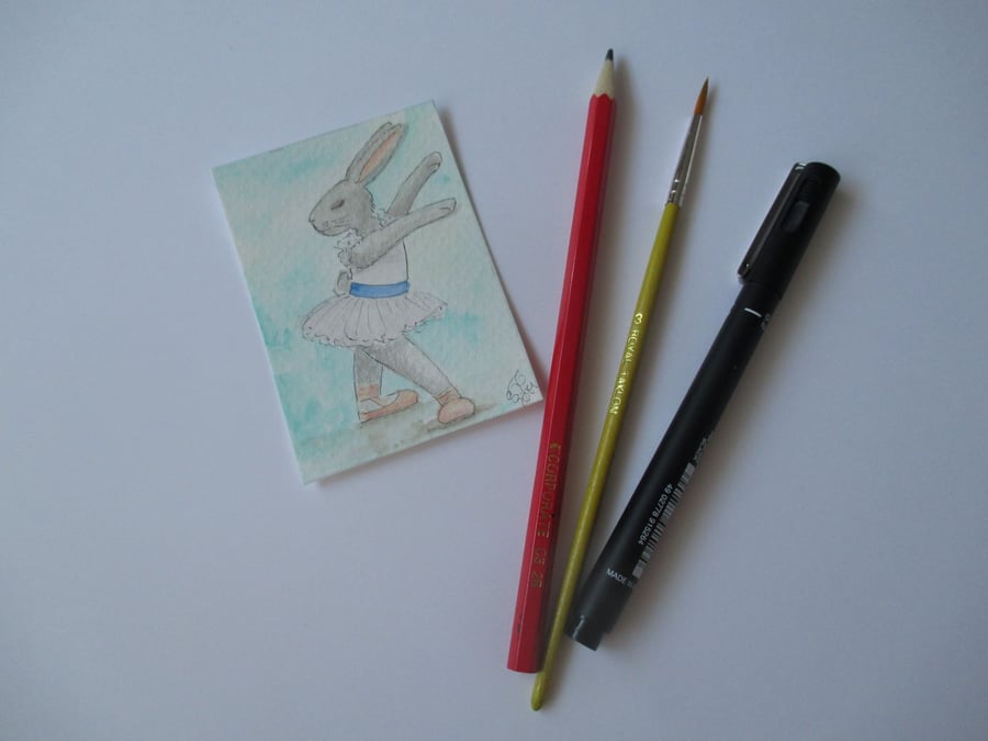 ACEO Bunny Rabbit Ballerina Ballet Dancing Bunny Rabbit Original Painting 009