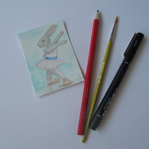 ACEO Bunny Rabbit Ballerina Ballet Dancing Bunny Rabbit Original Painting 009