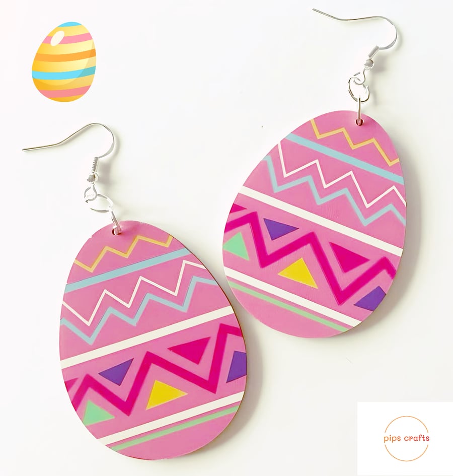 Colourful Pink X-Large Easter Egg Earrings, 925 Silver Hooks, Fun Jewellery 