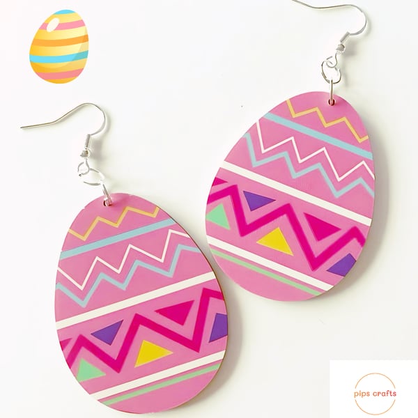 Colourful Pink X-Large Easter Egg Earrings, 925 Silver Hooks, Fun Jewellery 
