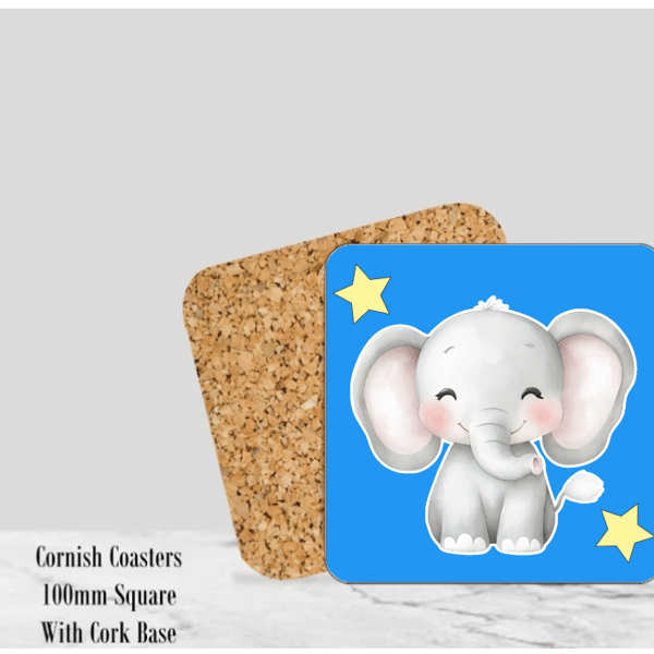 Baby Elephant Blue Coaster 4" Square With Cork Base