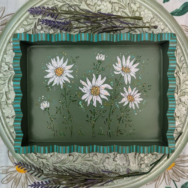 Daisy hand-painted wooden Tea tray, jewellery tray