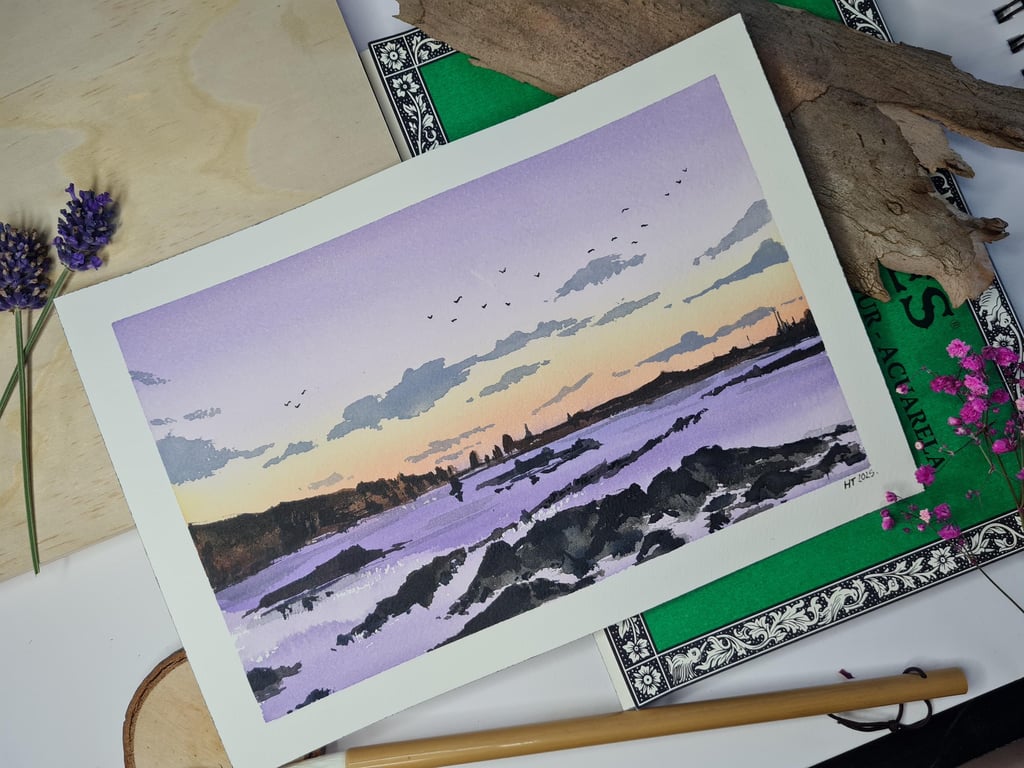 Original watercolour painting, violet skies, landscape art