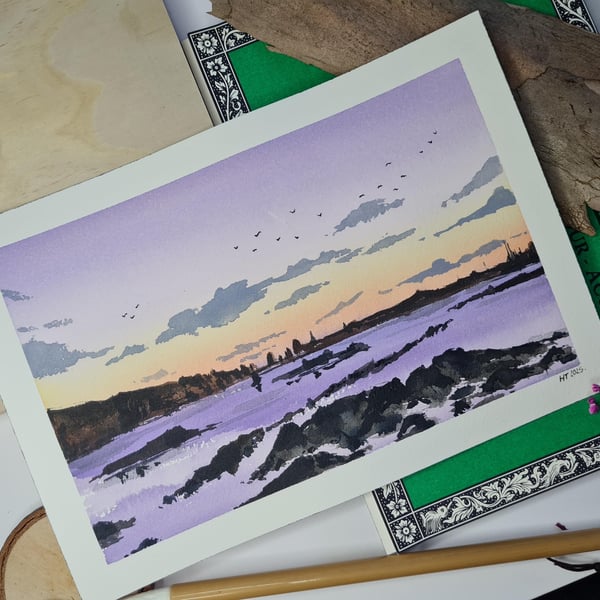 Original watercolour painting, violet skies, landscape art