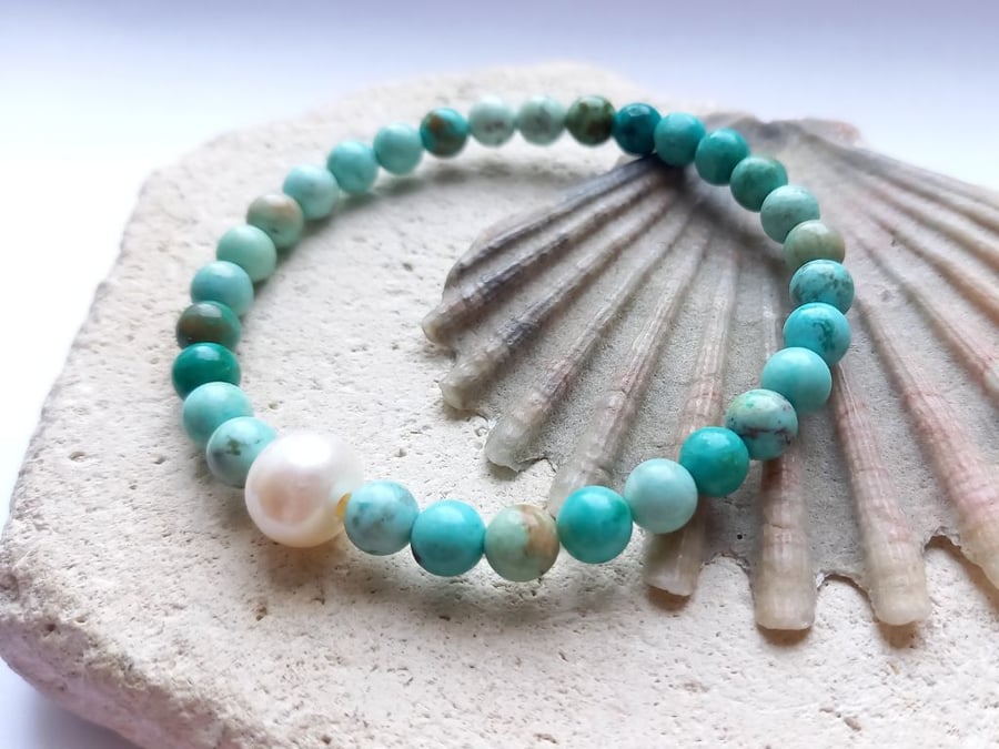 Natural Turquoise and Freshwater Pearl Beaded Elastic Bracelet
