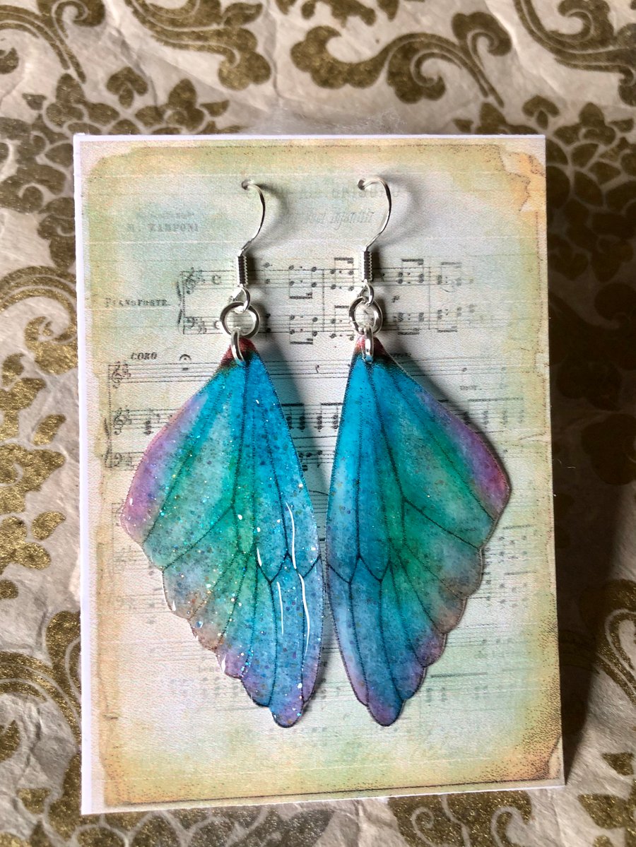 Blue green and pink fairy wing sterling silver earrings