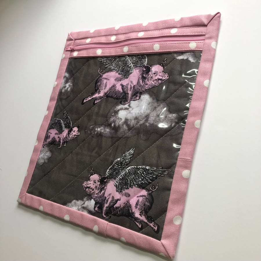Flying Pig Themed Fabric Zipped Project Pouch.