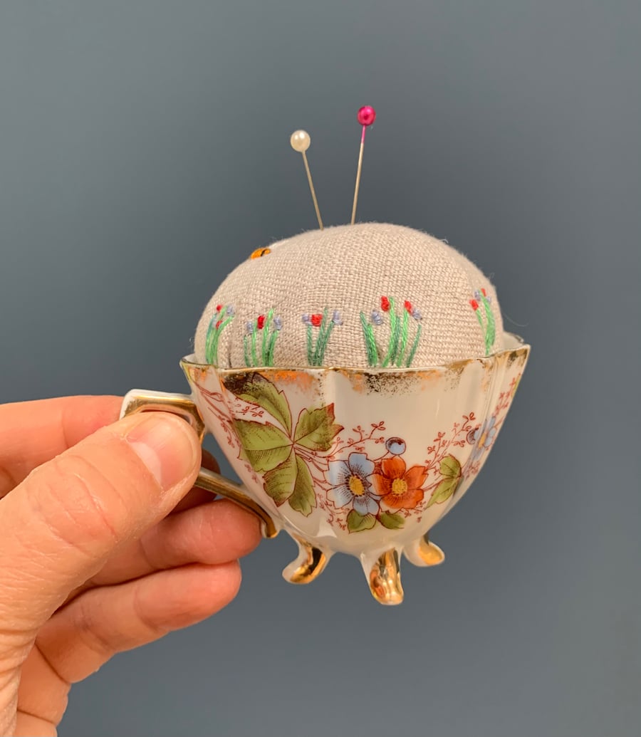 Pretty vintage cup embroidered pincushion