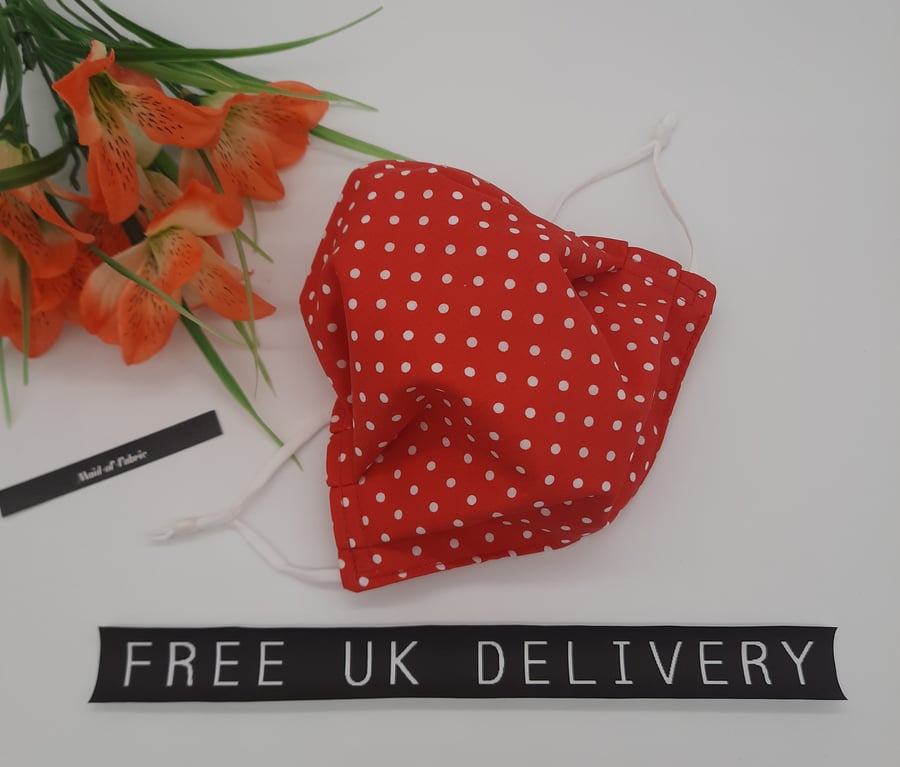 Face mask,  medium,  adjustable,  3 layer,  nose wire,  washable in red polkadot